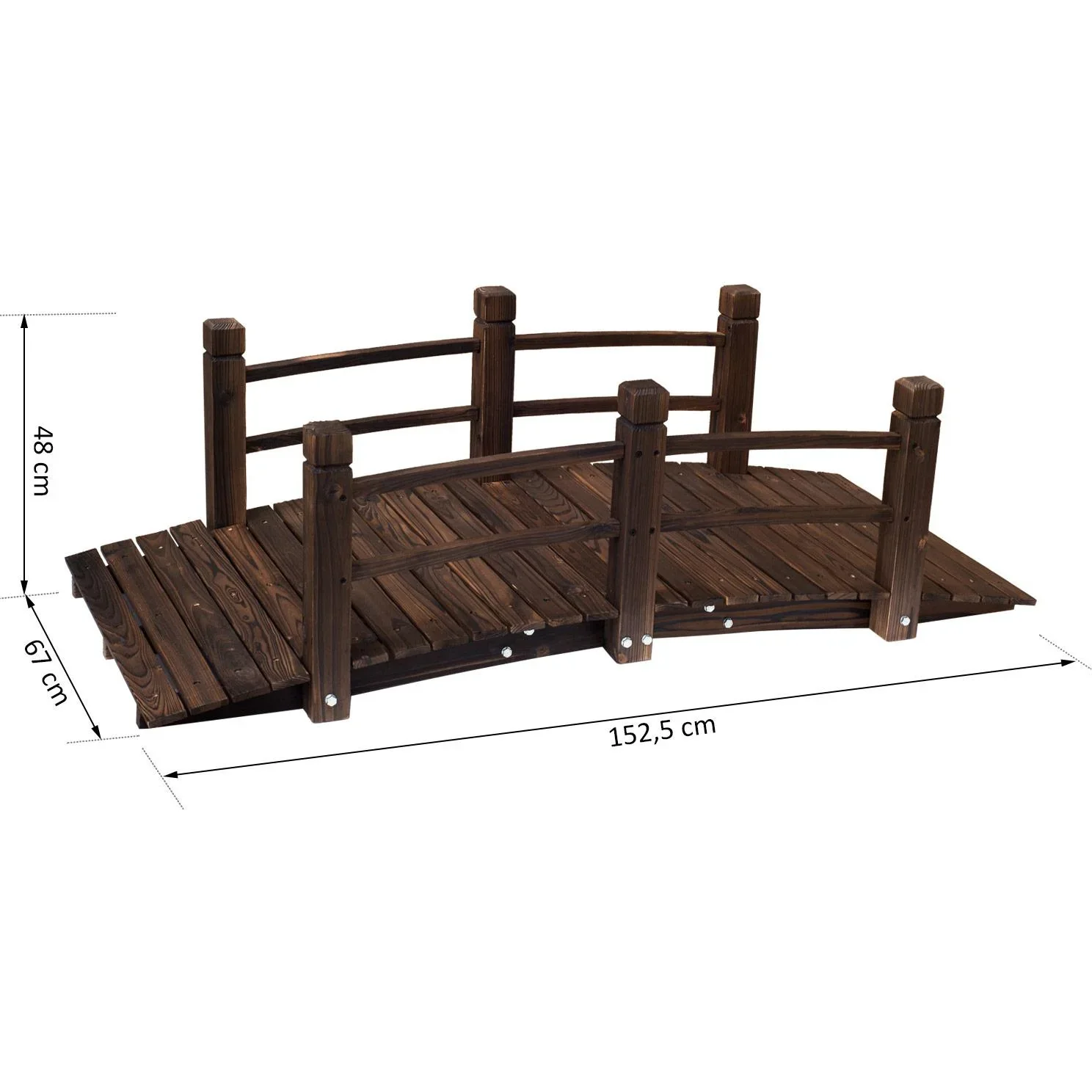 Gartenbrücke Holzbrücke Holzsteg Teichbrücke Zierbrücke mit Geländer bis 180 kg Tannenholz Dunkelbraun 152,5 x 67 x 48 c - 4