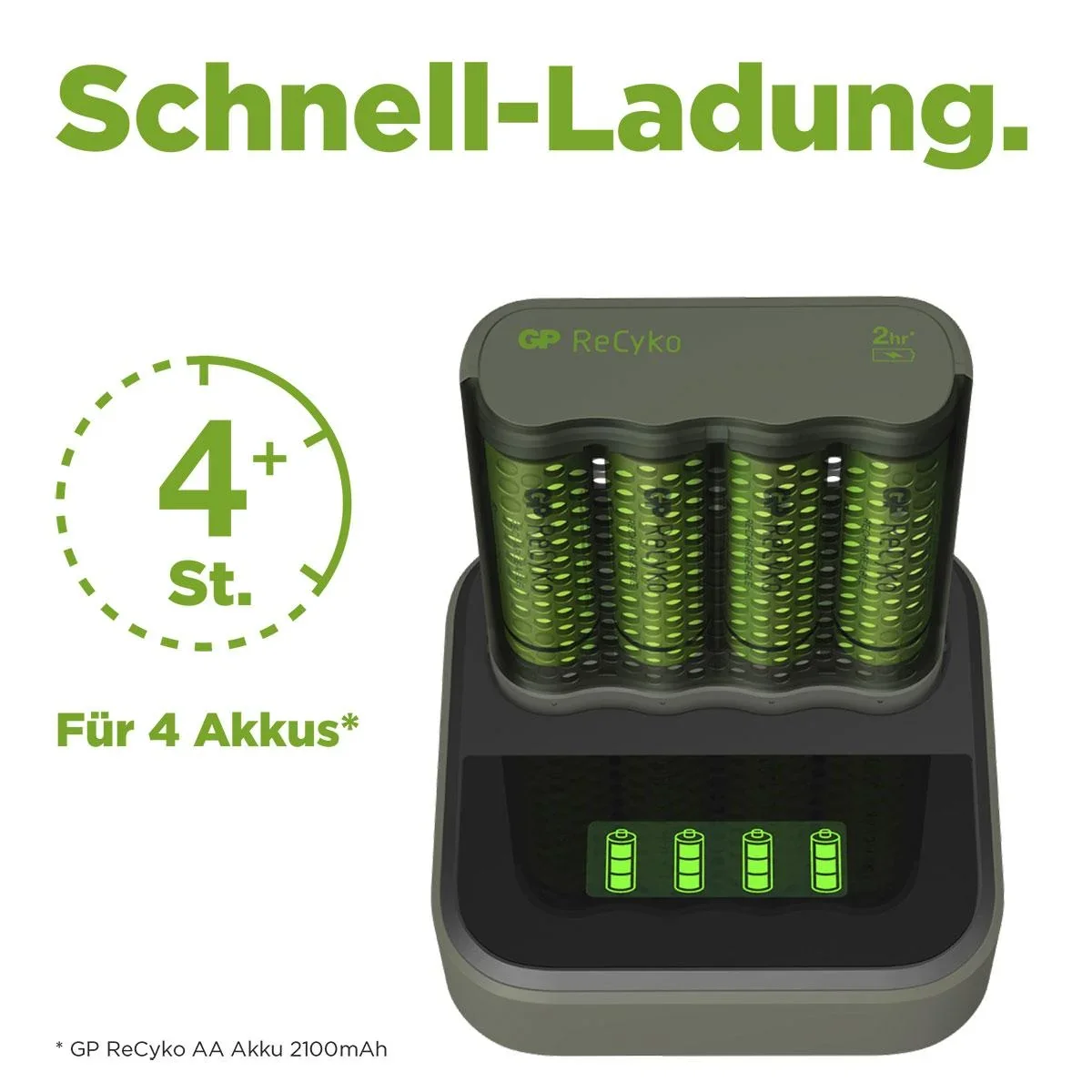 USB Schnellladegerät mit Docking Station, LCD Ladestandsdisplay für 4 AA / AAA NiMH Akkus inklusive 4 ReCyko (AA) 2600mA - 2