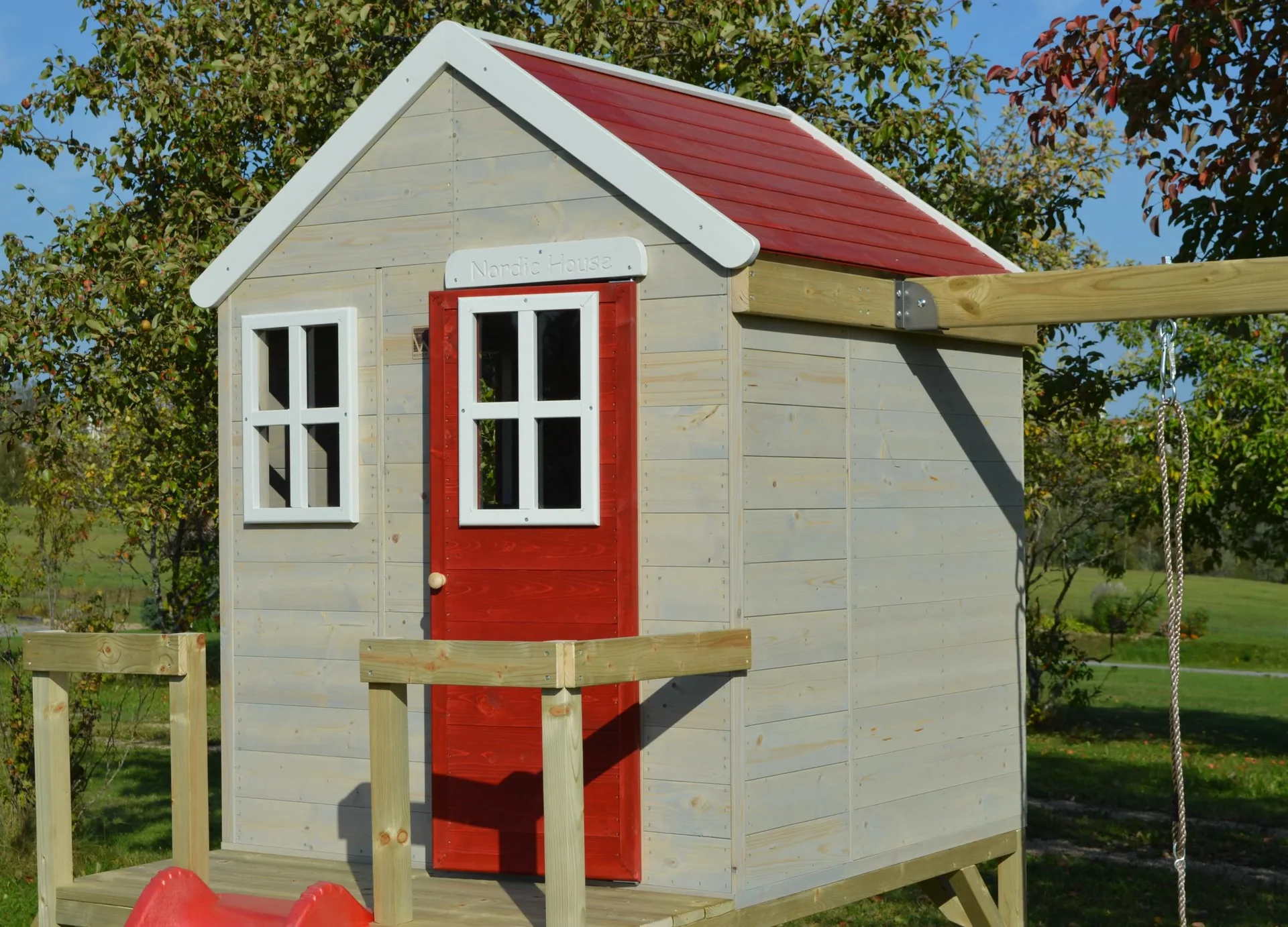 Holz Spielhaus Elefant rot-weiss, 350x330x242 cm - 0