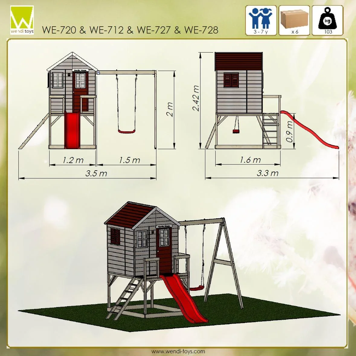 Holz Spielhaus Elefant rot-weiss, 350x330x242 cm - 6
