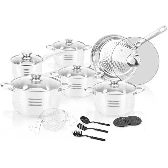 Topf- und Pfannenset - 18 Teile - Inklusive Untersetzer, Deckel und Utensilien - Silber - 2