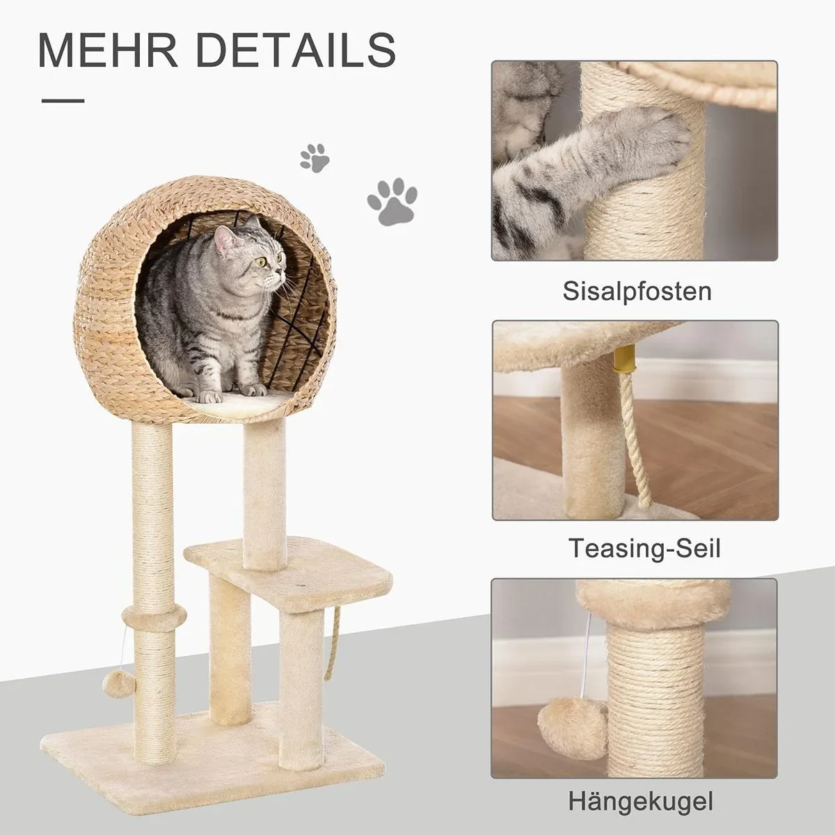 Katzenbaum Kratzbaum Kätzchen Möbel mit Katzenhöhle Ballspielzeug Sisal weiche Plüsch Höhe 100 cm Beige - 0