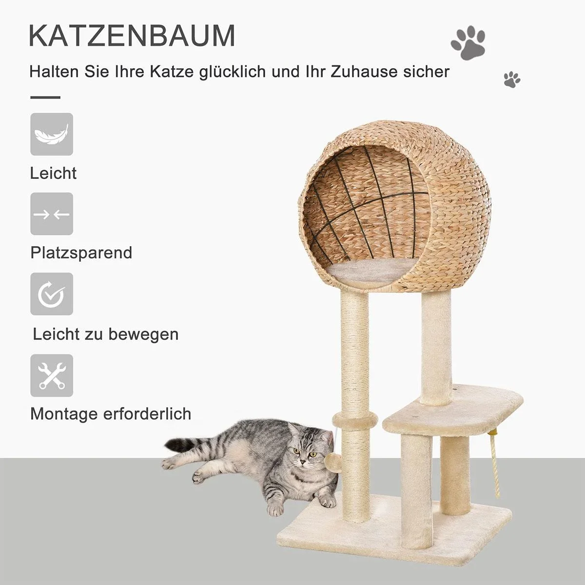 Katzenbaum Kratzbaum Kätzchen Möbel mit Katzenhöhle Ballspielzeug Sisal weiche Plüsch Höhe 100 cm Beige - 1