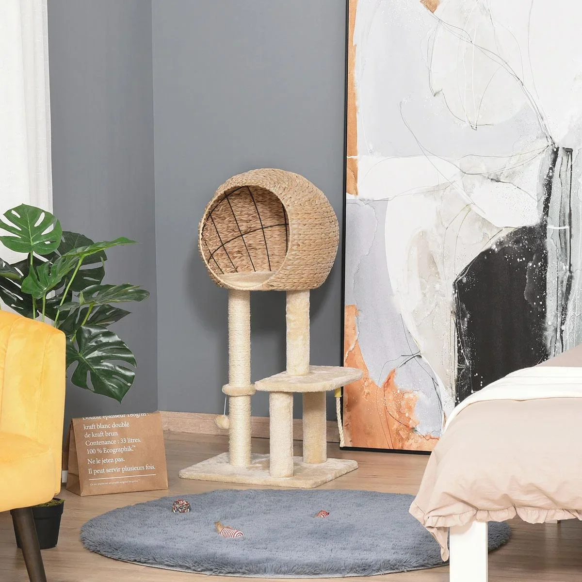 Katzenbaum Kratzbaum Kätzchen Möbel mit Katzenhöhle Ballspielzeug Sisal weiche Plüsch Höhe 100 cm Beige - 3