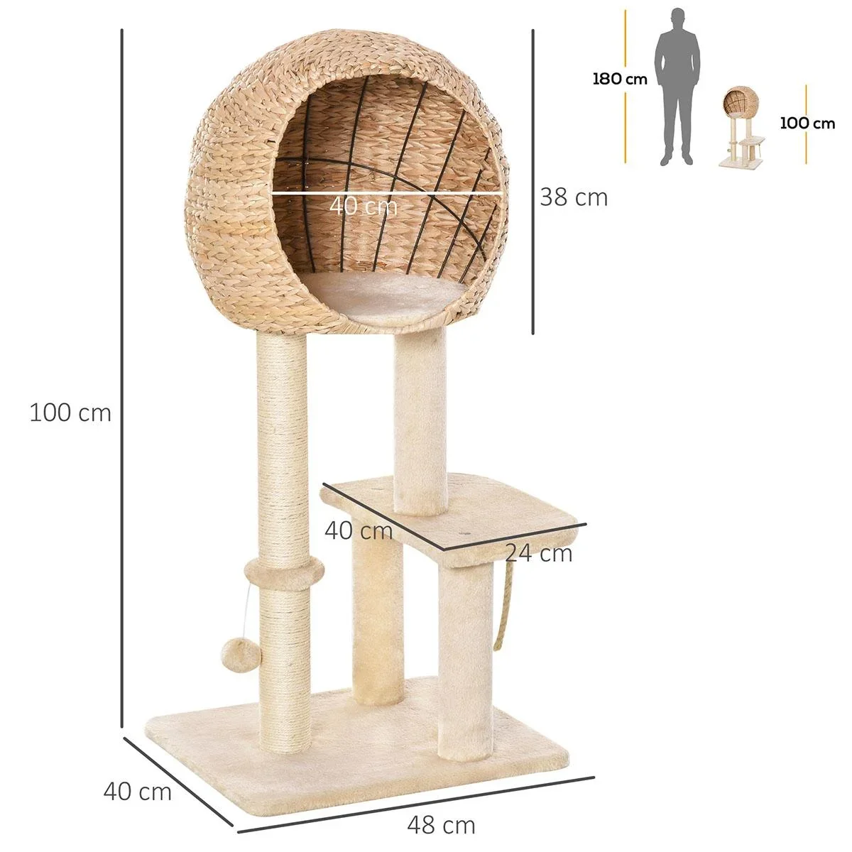 Katzenbaum Kratzbaum Kätzchen Möbel mit Katzenhöhle Ballspielzeug Sisal weiche Plüsch Höhe 100 cm Beige - 4