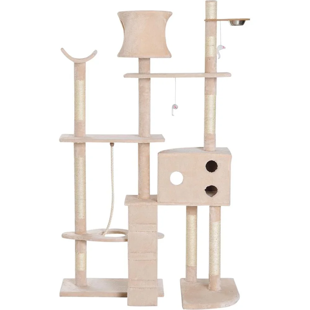 Kratzbaum Katzenbaum Kletterbaum Futterschale Leiter Beige L150 x B60 x H170 cm - 4