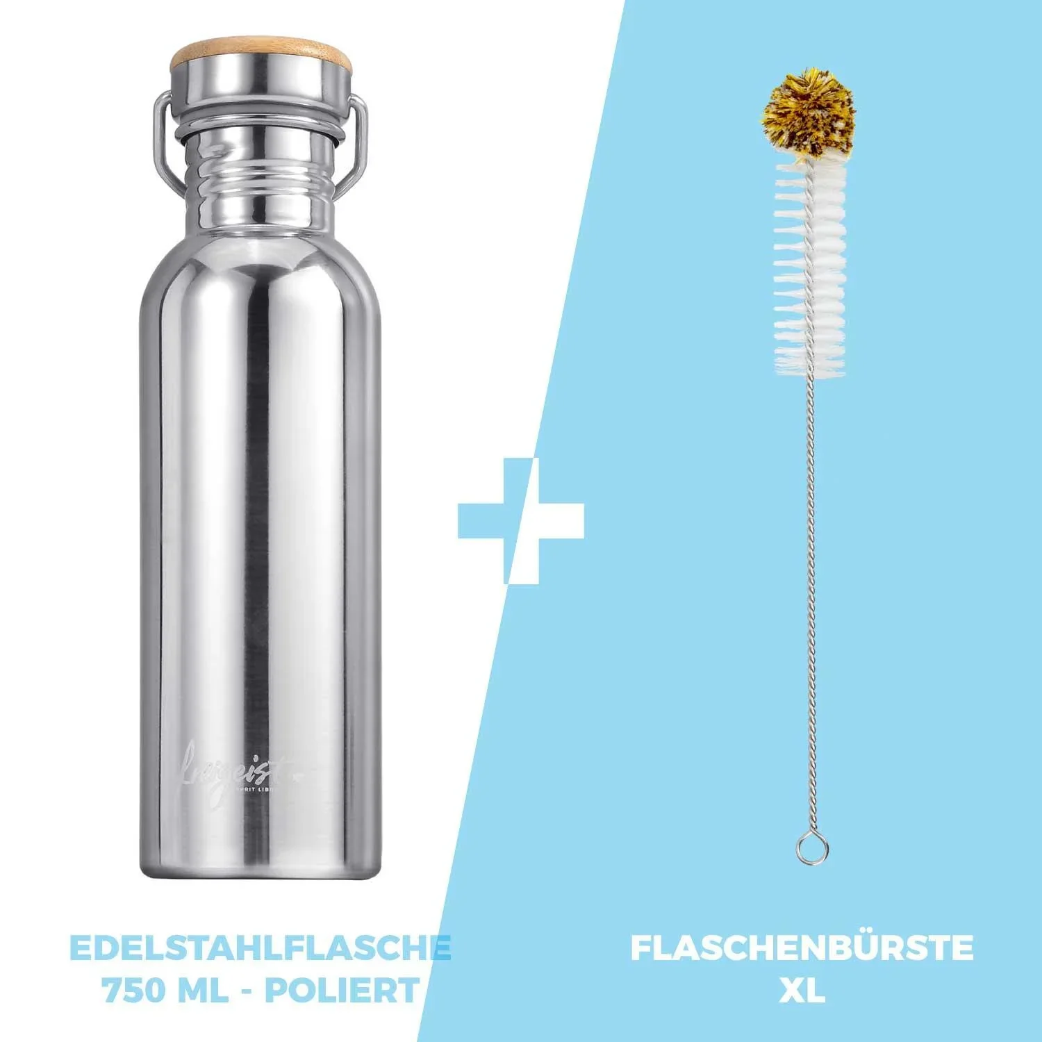 Edelstahlflasche 750ml, poliert mit aquabook Flaschenbürste XL - 0