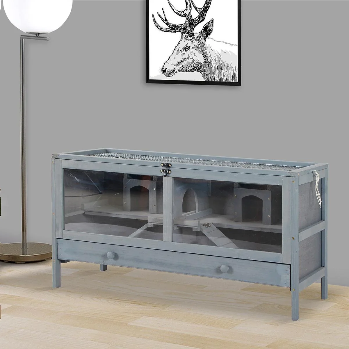 Hamsterkäfig Holz Nagerkäfig Mäusekäfig mit Rampe Nagervilla Oben aufklappbar Massivholz PS Grau 92 x 34 x 48 cm - 0