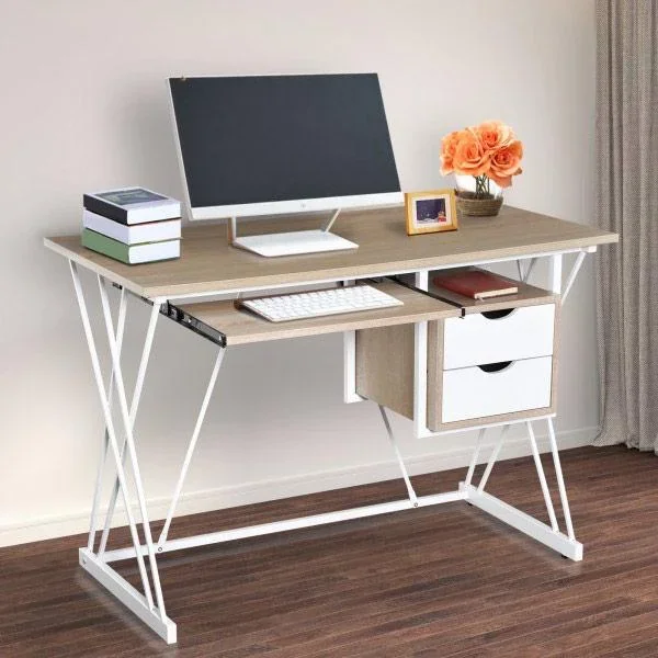 Computertisch PC-Tisch Arbeitstisch mit Tastaturauszug Schublade Eiche+Weiß 110 x 55 x 76 cm - 3