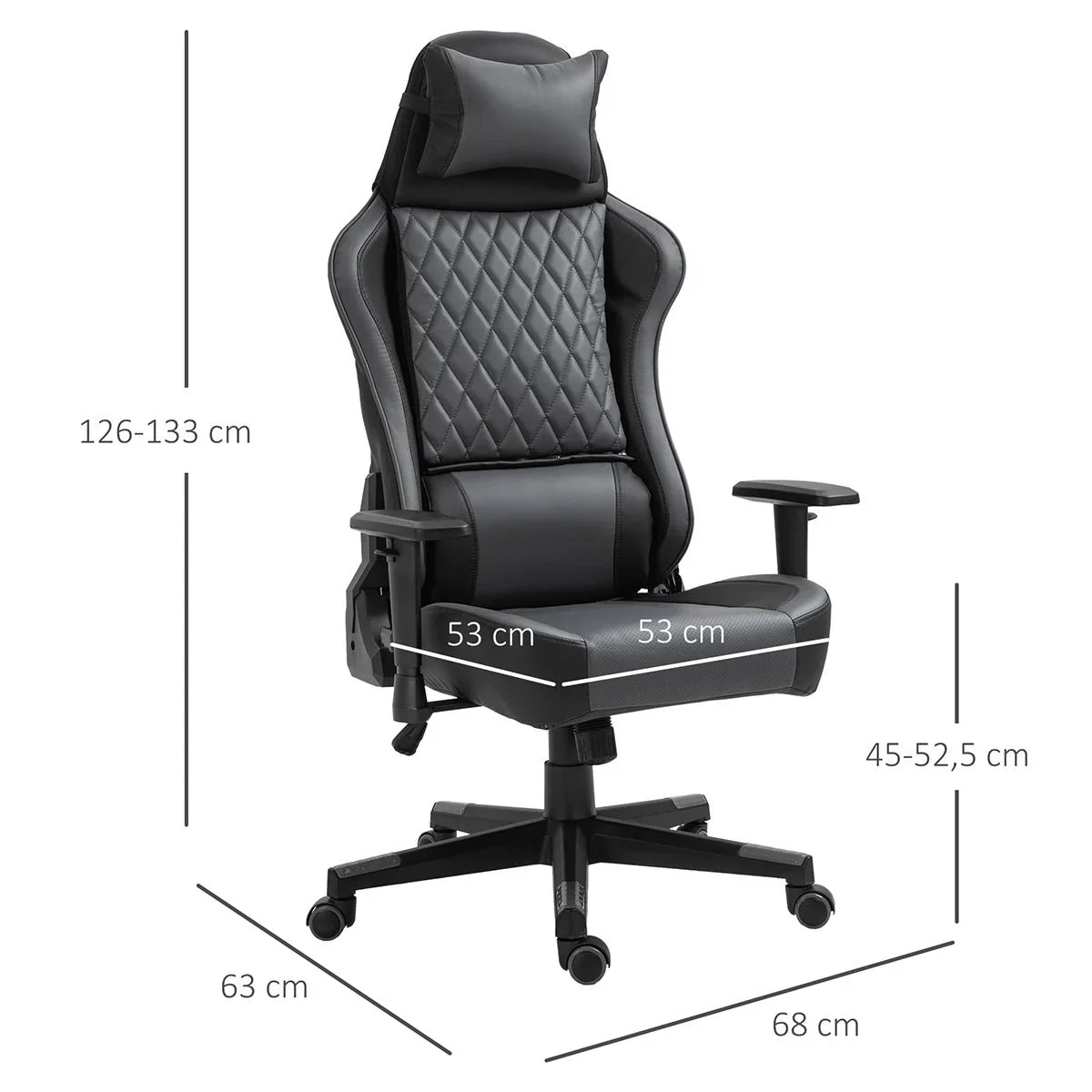 Ergonomischer Gaming Stuhl, mit Wippfunktion höhenverstellbar PU Stahl, Schwarz+Grau, 68 x 63 x 126-133 cm - 0