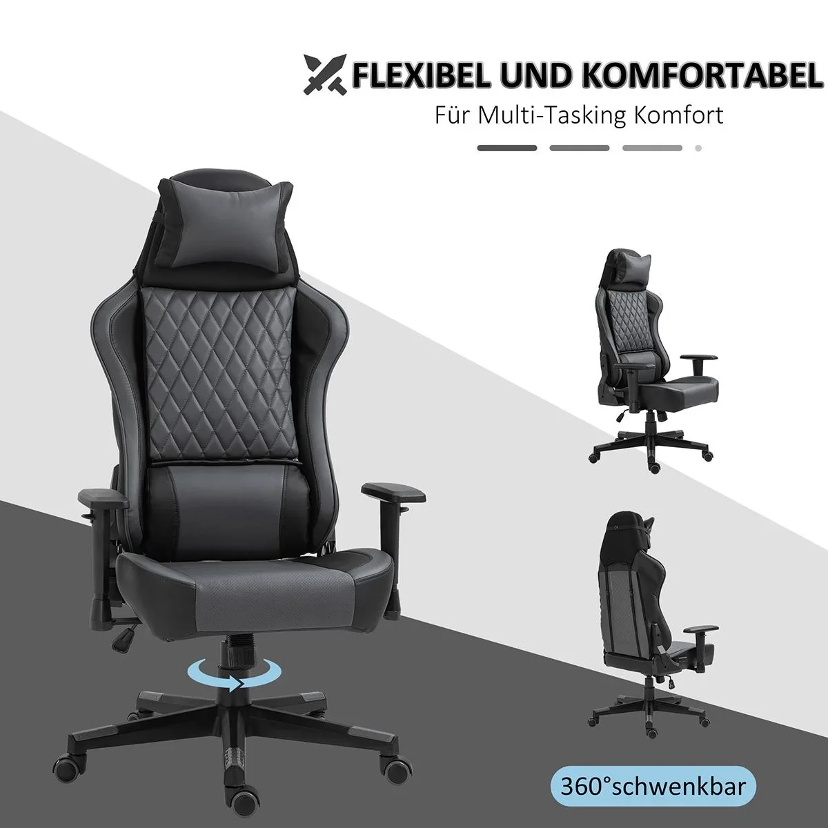 Ergonomischer Gaming Stuhl, mit Wippfunktion höhenverstellbar PU Stahl, Schwarz+Grau, 68 x 63 x 126-133 cm - 1
