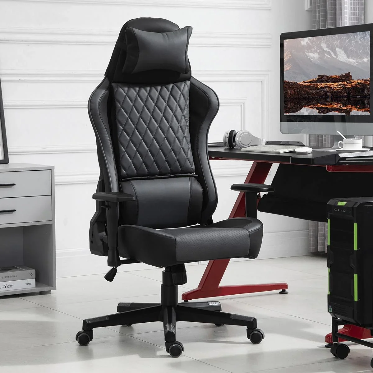 Ergonomischer Gaming Stuhl, mit Wippfunktion höhenverstellbar PU Stahl, Schwarz+Grau, 68 x 63 x 126-133 cm - 2