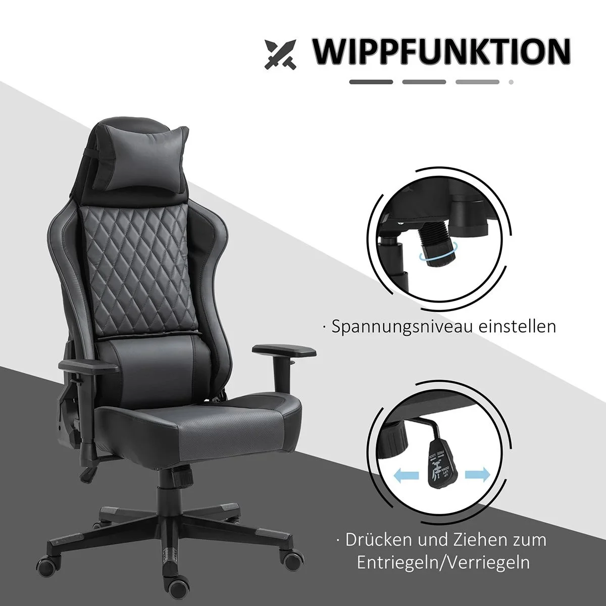 Ergonomischer Gaming Stuhl, mit Wippfunktion höhenverstellbar PU Stahl, Schwarz+Grau, 68 x 63 x 126-133 cm - 3