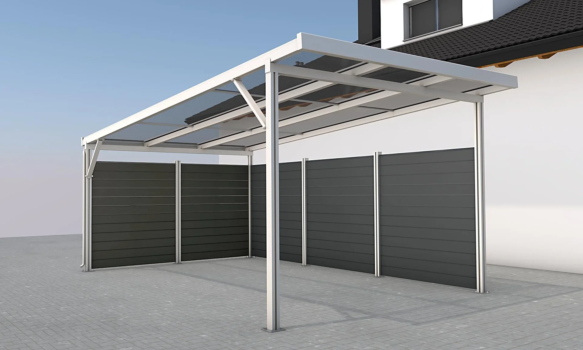 Seitenwand für Carports, weiß, 5,82 x 1,86 m, WPC Dielen dunkelgrau - 0