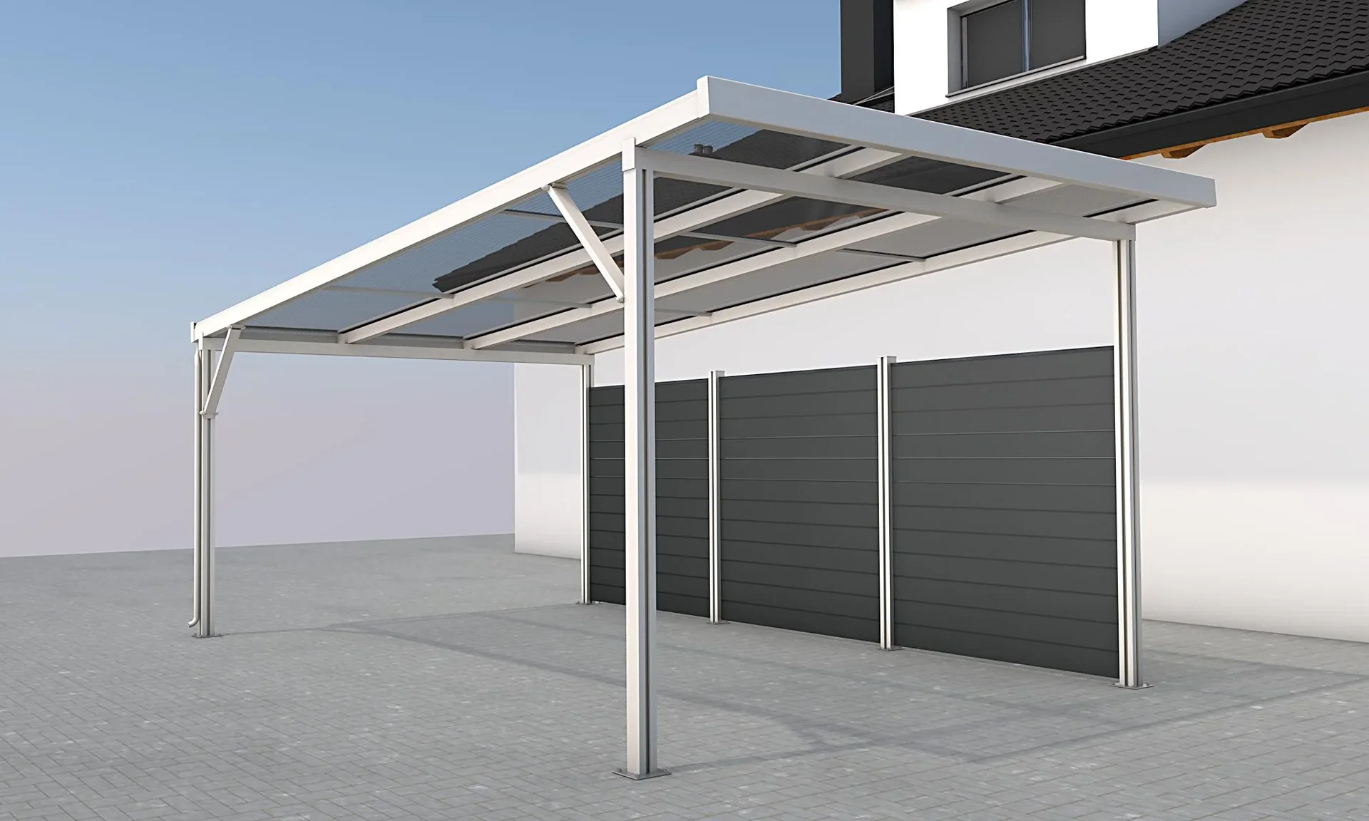 Seitenwand für Carports, weiß, 5,82 x 1,86 m, WPC Dielen dunkelgrau - 1