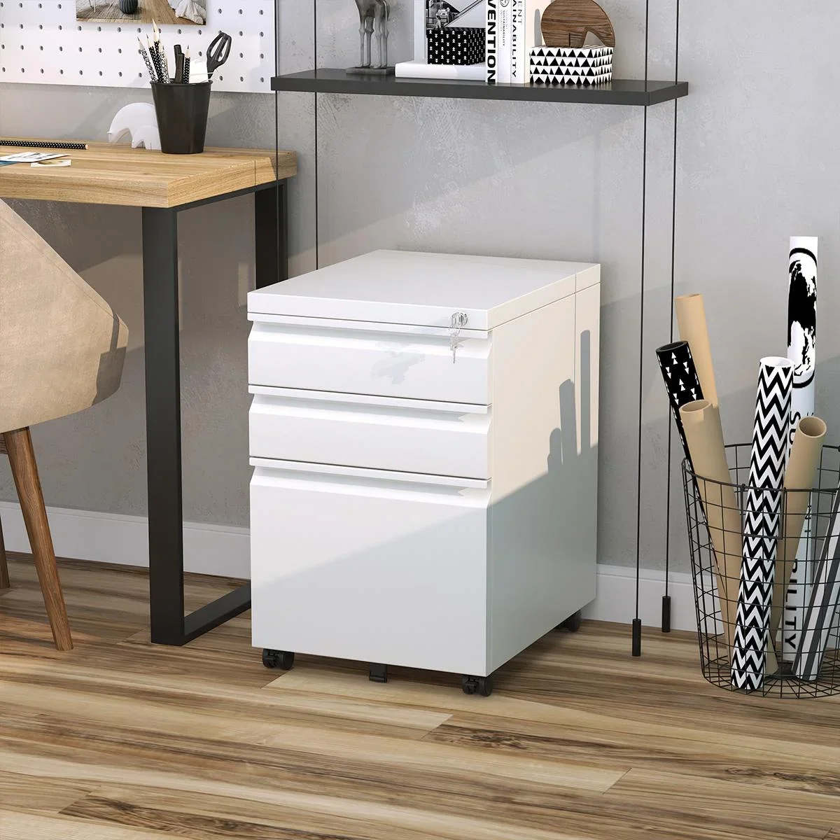 Rollcontainer mit 3 Schubladen Aktenschrank Büroschrank mit Rädern Bürocontainer mit konkavem Griff für Home-Office Stah - 0