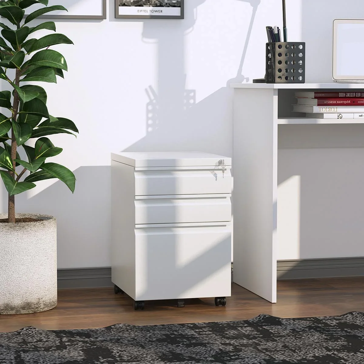 Rollcontainer mit 3 Schubladen Aktenschrank Büroschrank mit Rädern Bürocontainer mit konkavem Griff für Home-Office Stah - 1