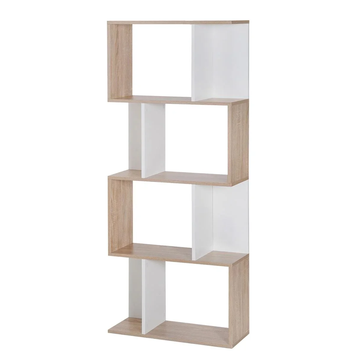 Bücherregal S-förmiges Standregal Lagerregal 4-stufige Vitrine mit Hardware-Schnalle moderner Raumteiler Spanplatte Nat - 1