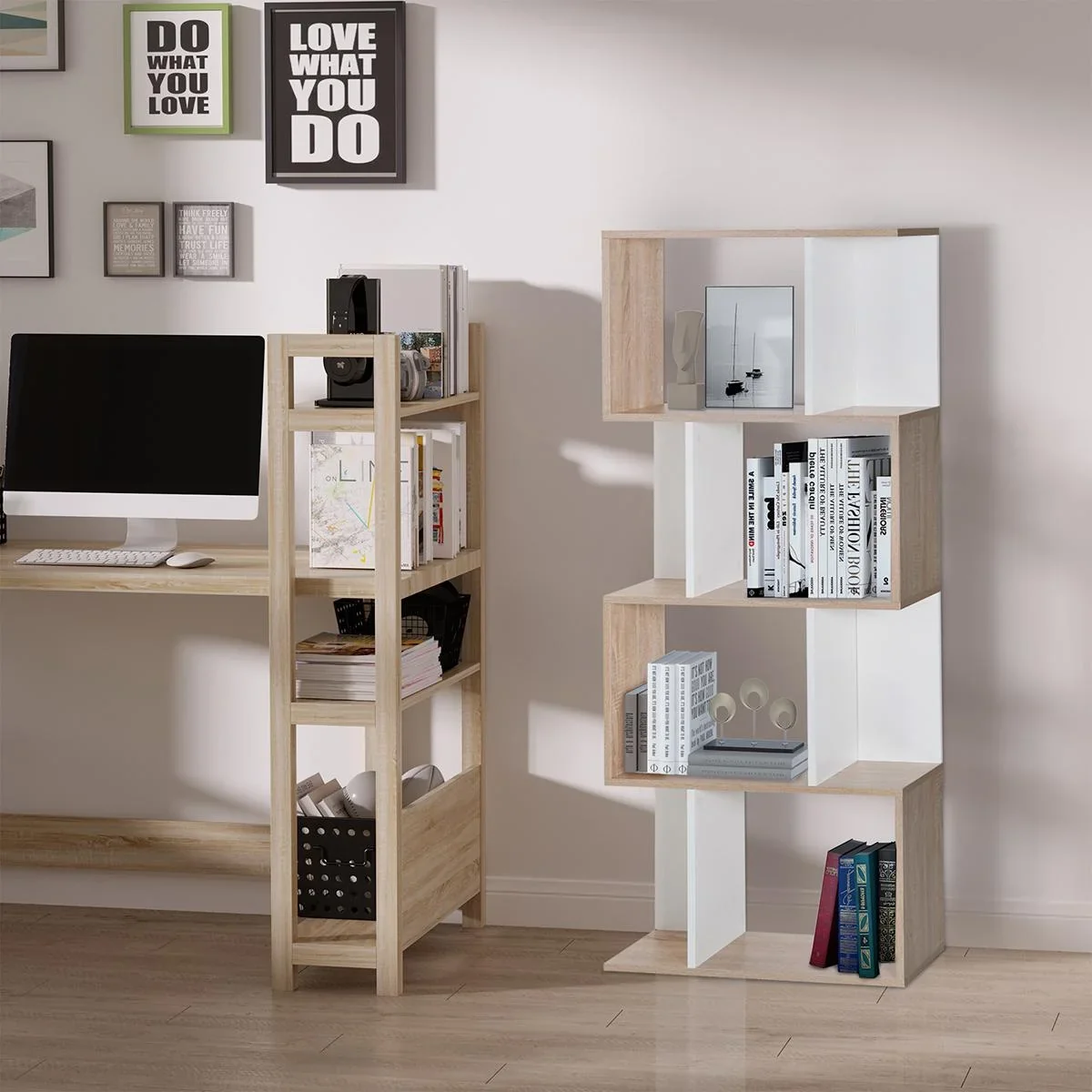 Bücherregal S-förmiges Standregal Lagerregal 4-stufige Vitrine mit Hardware-Schnalle moderner Raumteiler Spanplatte Nat - 2