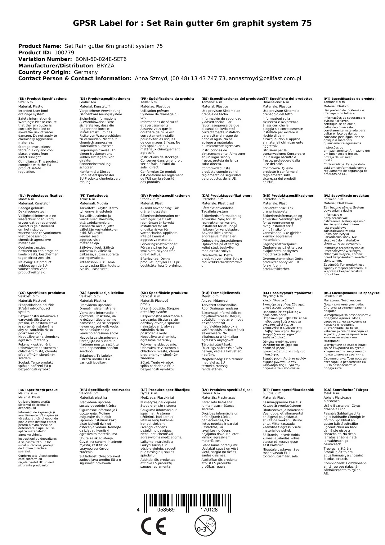 Set Regenrinne 6m graphit System 75-0