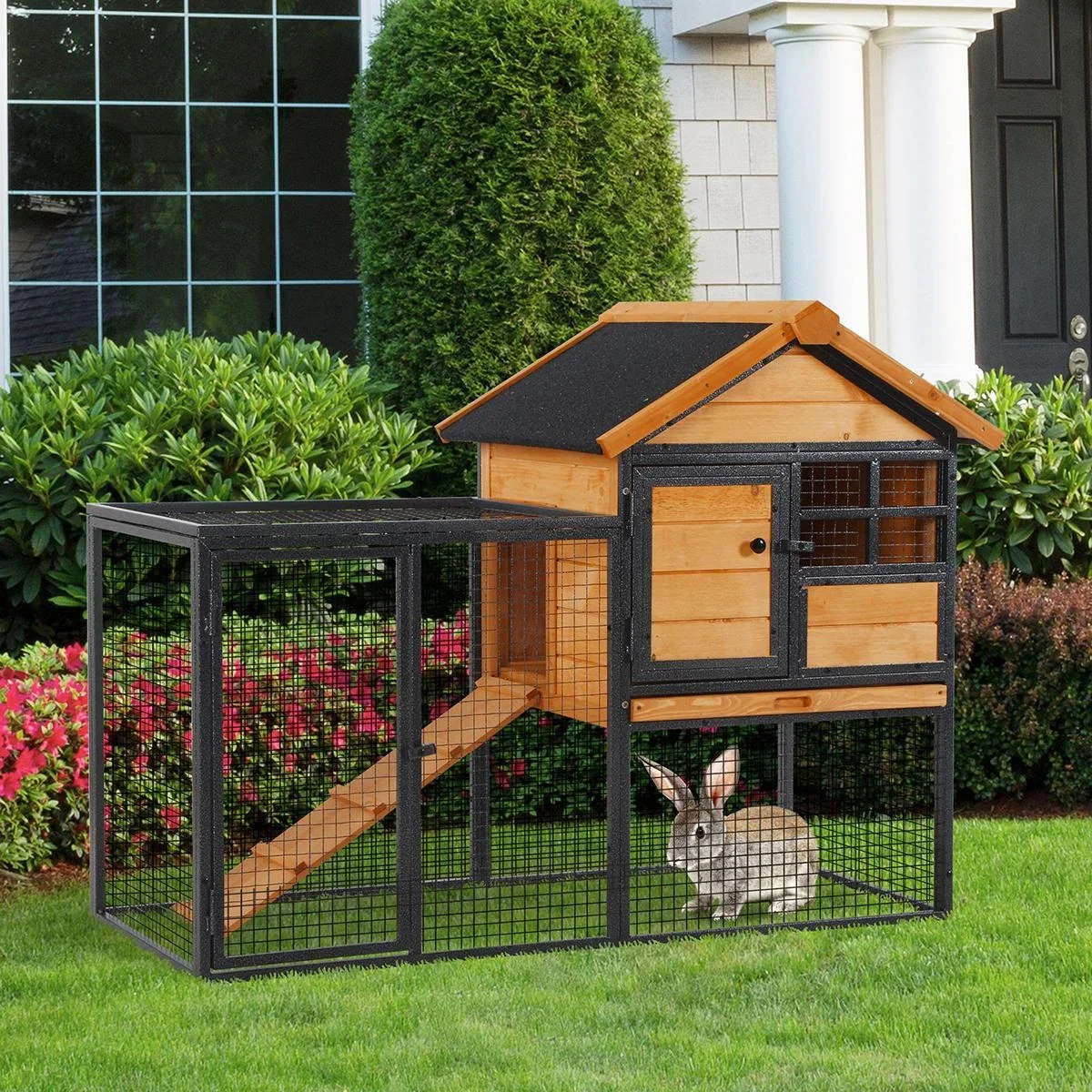 Kaninchenstall erhöhtes Haustier Haus mit Abschließbare Tür Outdoor Holz-Metall Hellgelb 122 x 63 x 92 cm - 2