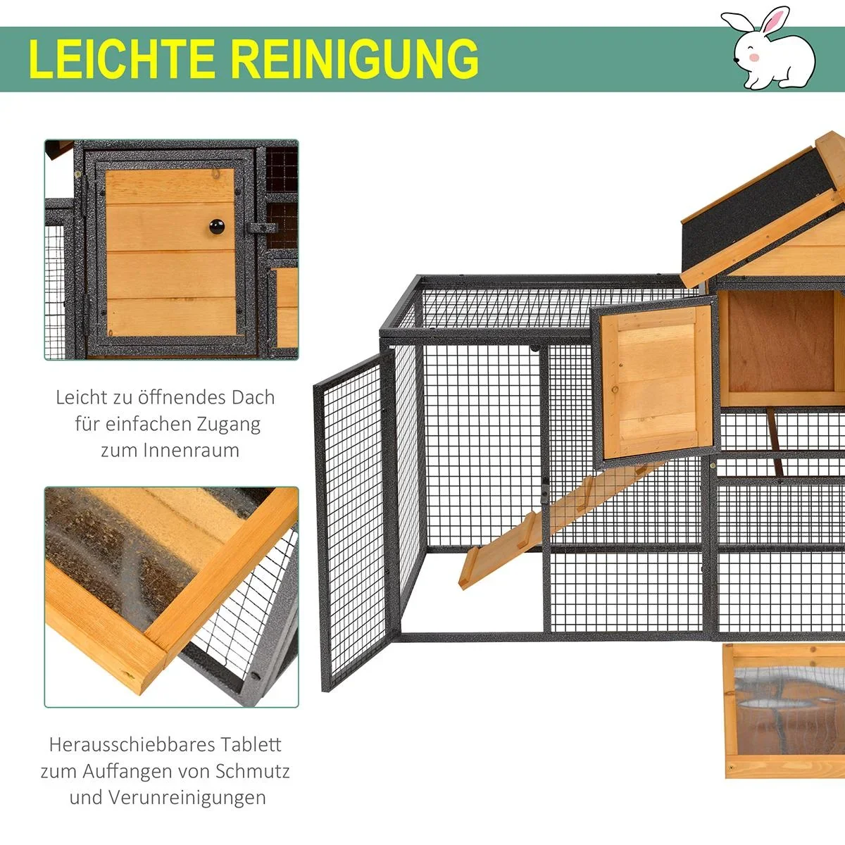 Kaninchenstall erhöhtes Haustier Haus mit Abschließbare Tür Outdoor Holz-Metall Hellgelb 122 x 63 x 92 cm - 3