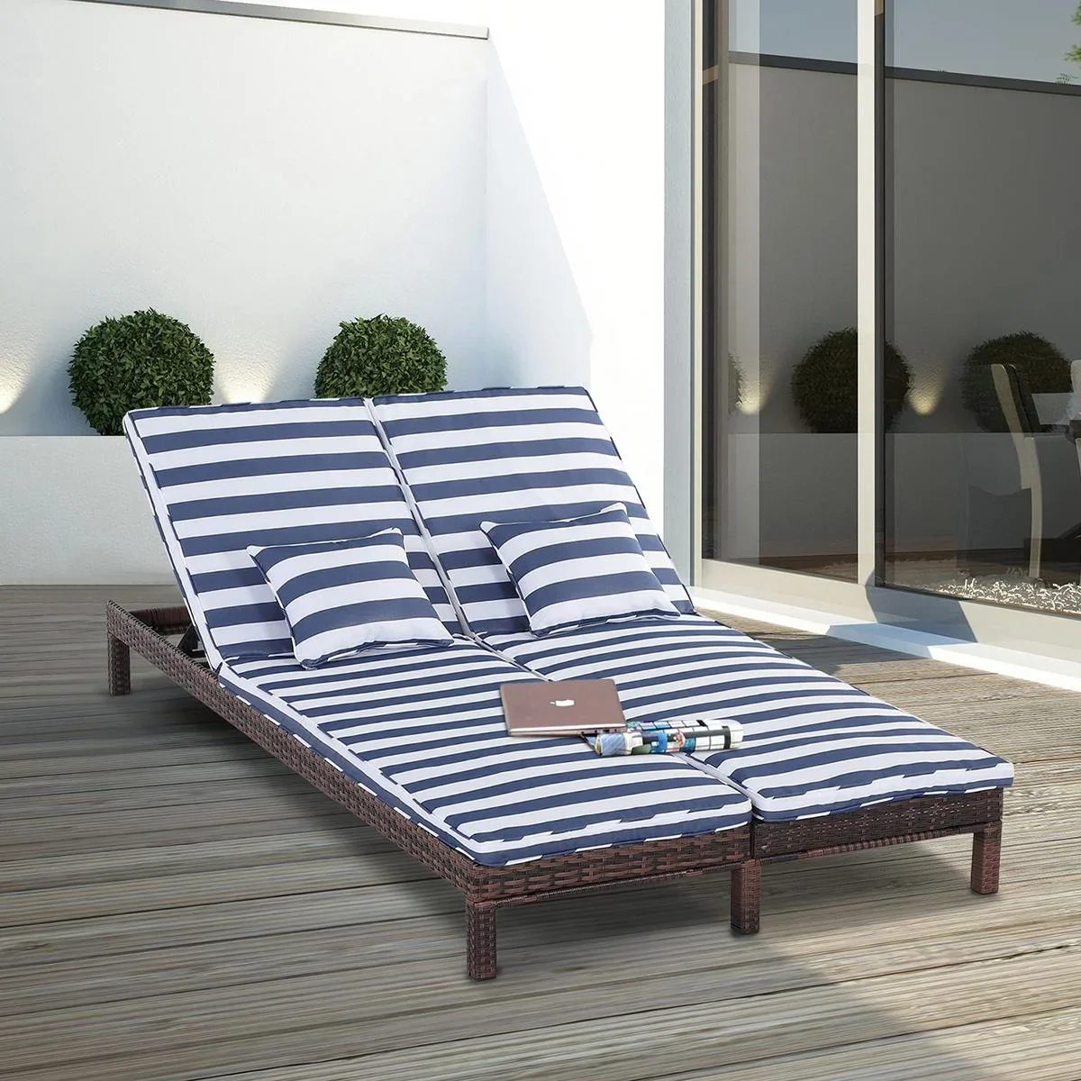 Gartenliege, Doppelliege, Relaxliege für 2 Personen, Luxus Lounge, 5-stufige Rückenlehne, Metall, PE Rattan, Blau, 195 x - 1