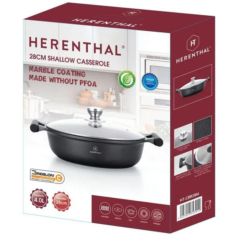 Herenthal Breite Kasserolle / Schmorpfanne - Marmorbeschichtung - mit Glasdeckel - 30cm - 0