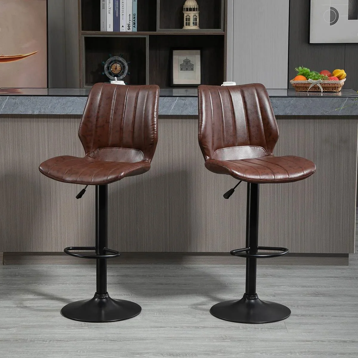 Barhocker 2er Set - mit Fußstütze und Rückenlehne - Braun - 45,5 x 52,5 x 97-117 cm - 0