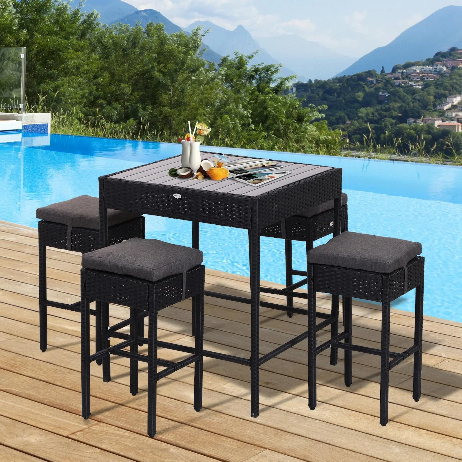 5-teilige Essgruppe Sitzgruppe Esstisch Bistrotisch Bartisch Gartentisch Metall + Polyrattan Schwarz mit 1 Tisch + 4 Hoc - 1