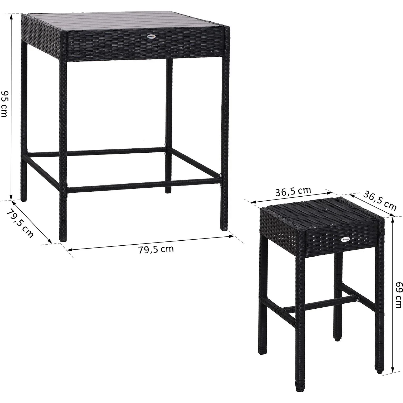 5-teilige Essgruppe Sitzgruppe Esstisch Bistrotisch Bartisch Gartentisch Metall + Polyrattan Schwarz mit 1 Tisch + 4 Hoc - 2