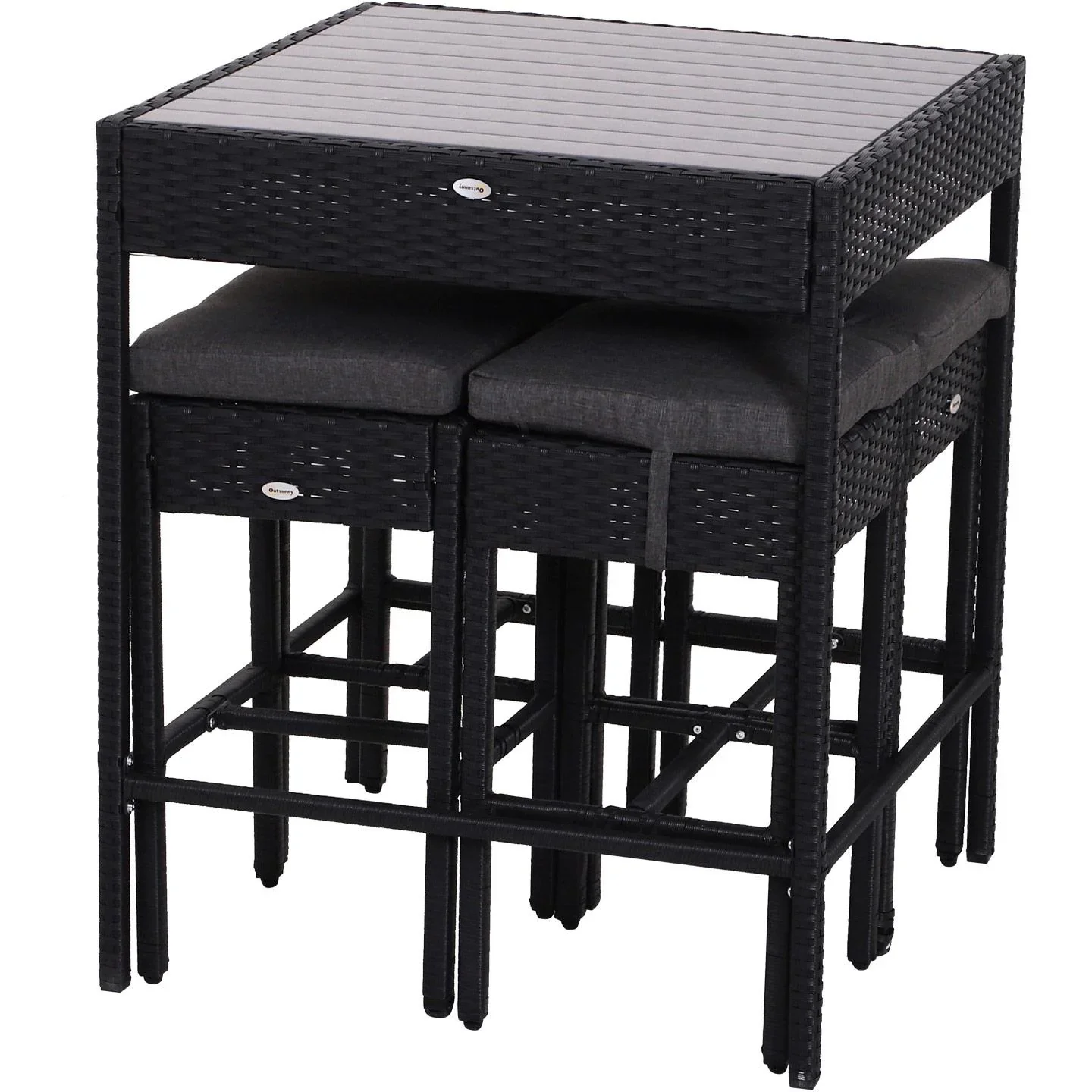 5-teilige Essgruppe Sitzgruppe Esstisch Bistrotisch Bartisch Gartentisch Metall + Polyrattan Schwarz mit 1 Tisch + 4 Hoc - 3