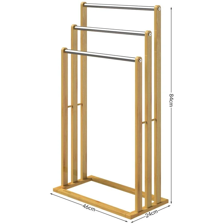 Handtuchhalter - stehend - 3 Stangen - Bambus - Edelstahl, 46x24x84cm, braun - 0