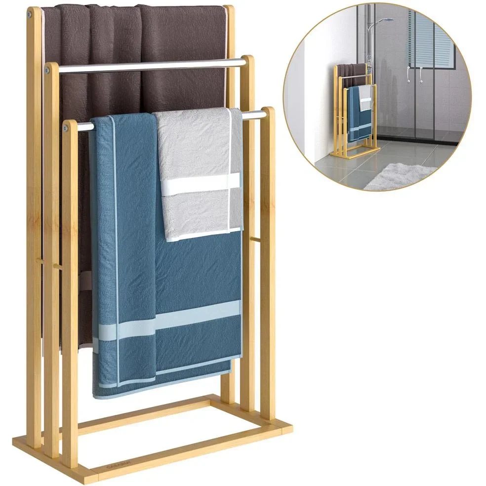 Handtuchhalter - stehend - 3 Stangen - Bambus - Edelstahl, 46x24x84cm, braun - 3