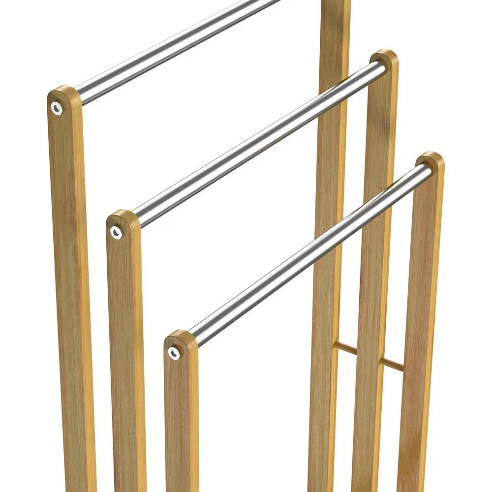 Handtuchhalter - stehend - 3 Stangen - Bambus - Edelstahl, 46x24x84cm, braun - 4