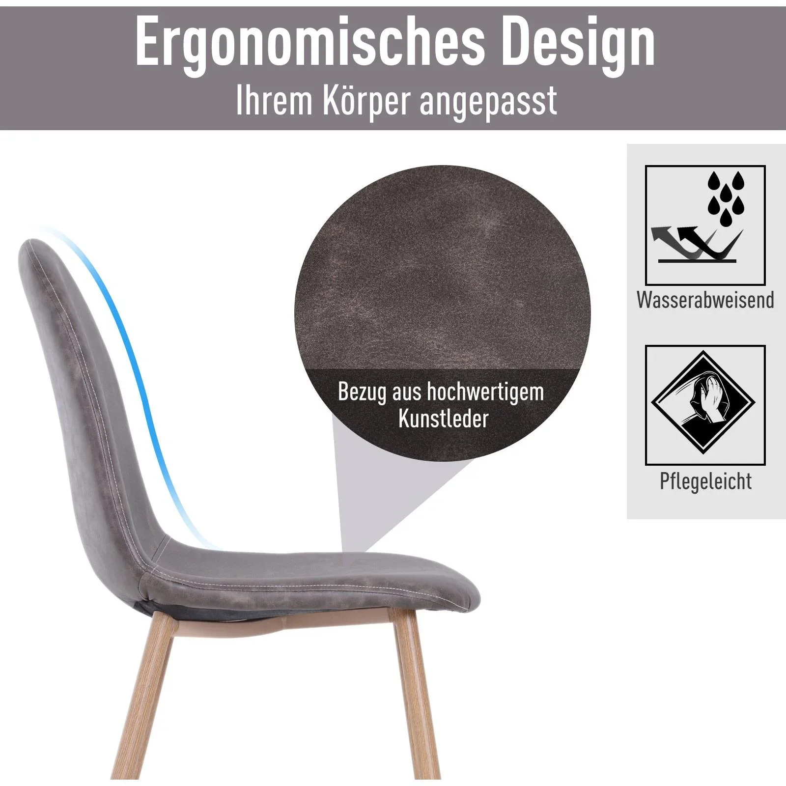 2er-Set Esszimmerstuhl Küchenstuhl mit Rückenlehne Kunstwildleder Sessel Metallbeine Grau - 3