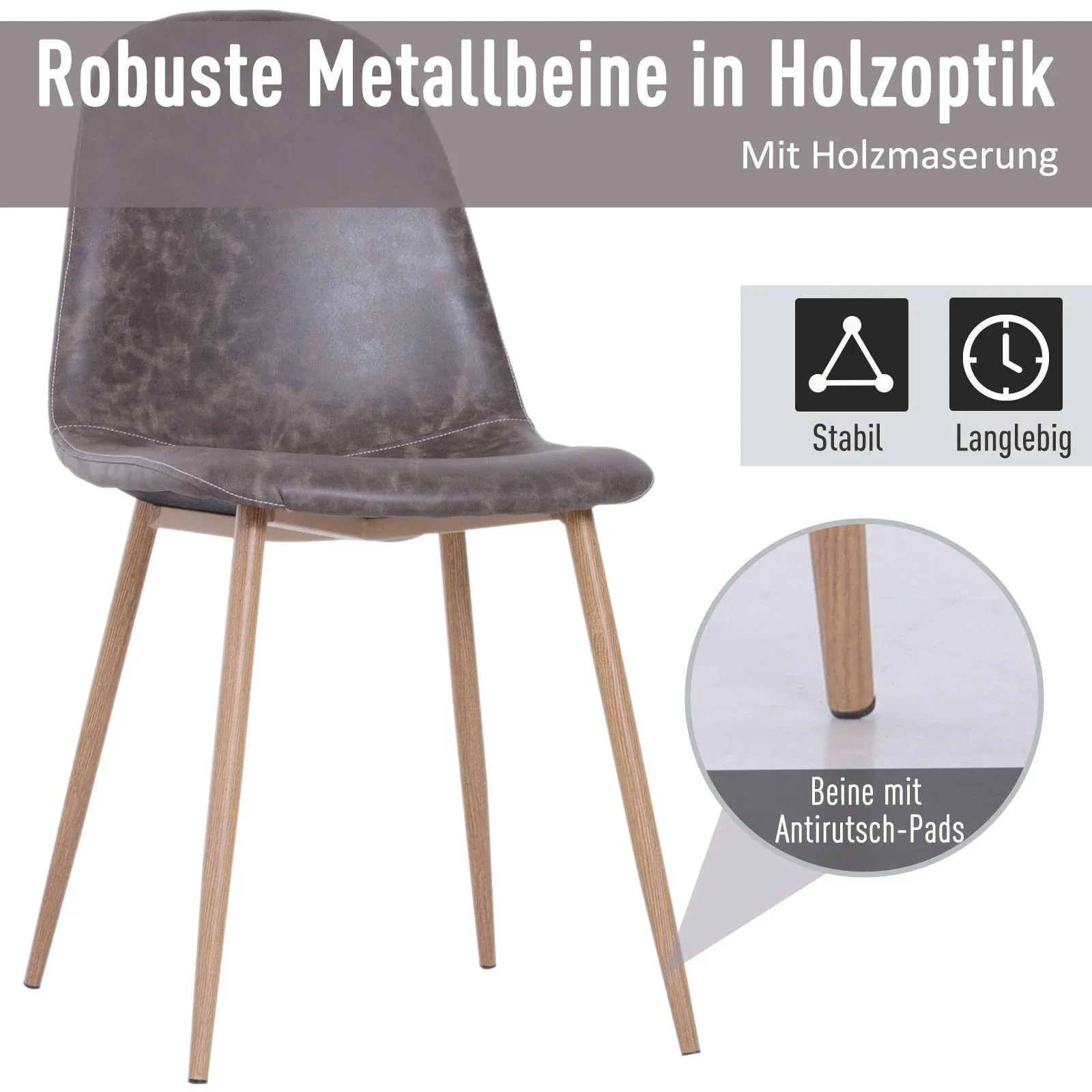 2er-Set Esszimmerstuhl Küchenstuhl mit Rückenlehne Kunstwildleder Sessel Metallbeine Grau - 5