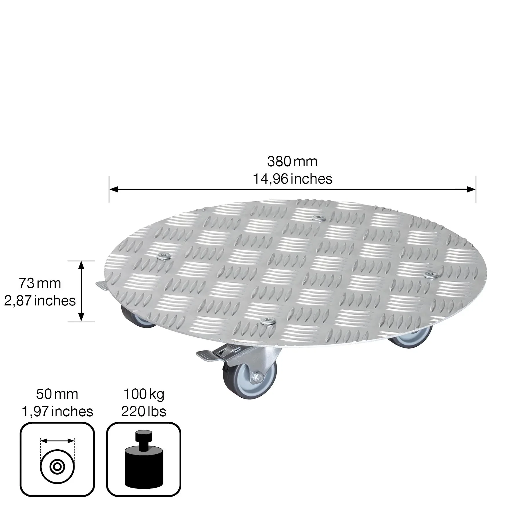 Multi Roller MR 7002, Ø 38 x 7,5 cm, softe Rollen Ø 50 mm, Gleitlager, 2 Bremsen, Alu Riffelblech, Tragkraft 150 kg - 0