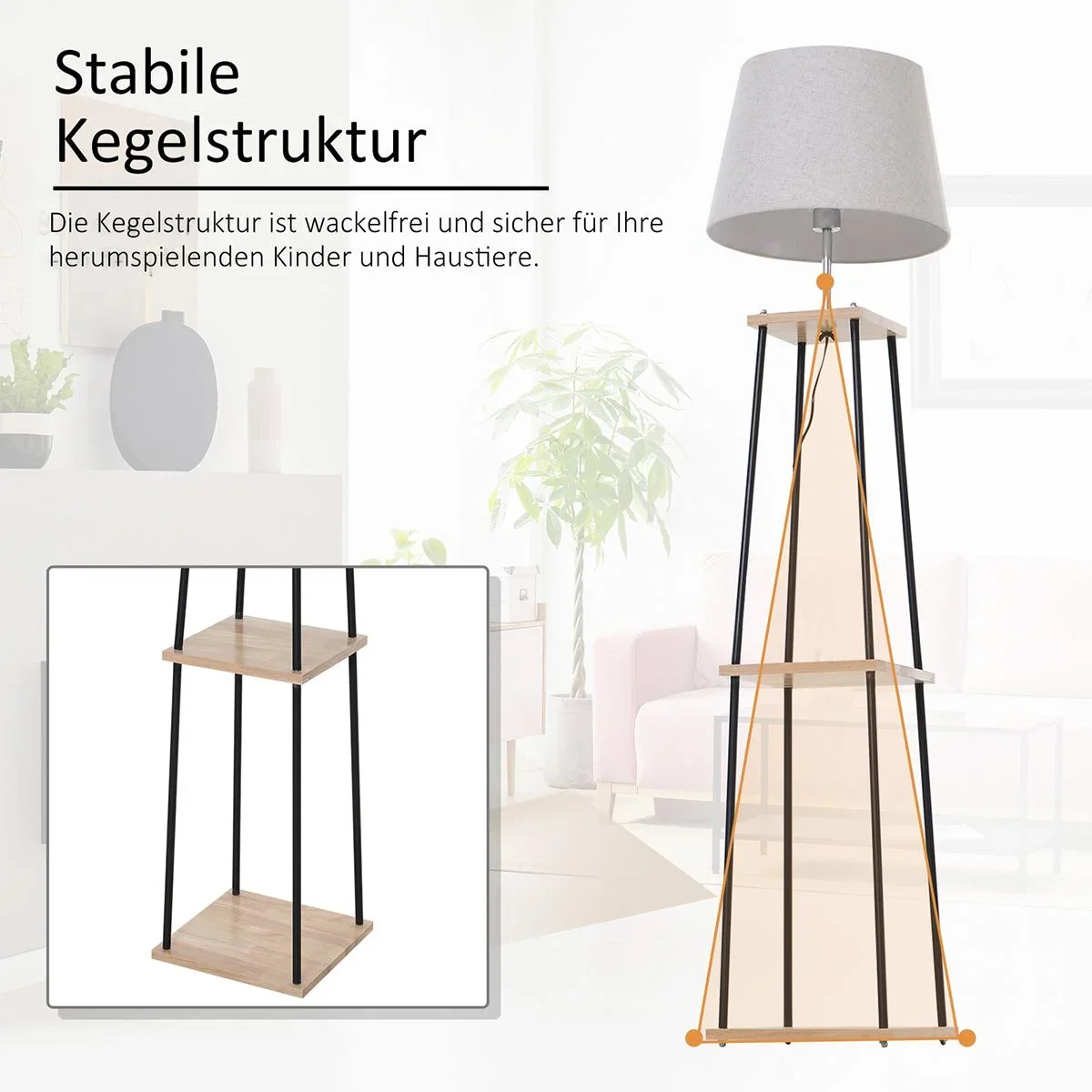 Stehlampe mit 2 Ablagen natur/schwarz/beige - 2