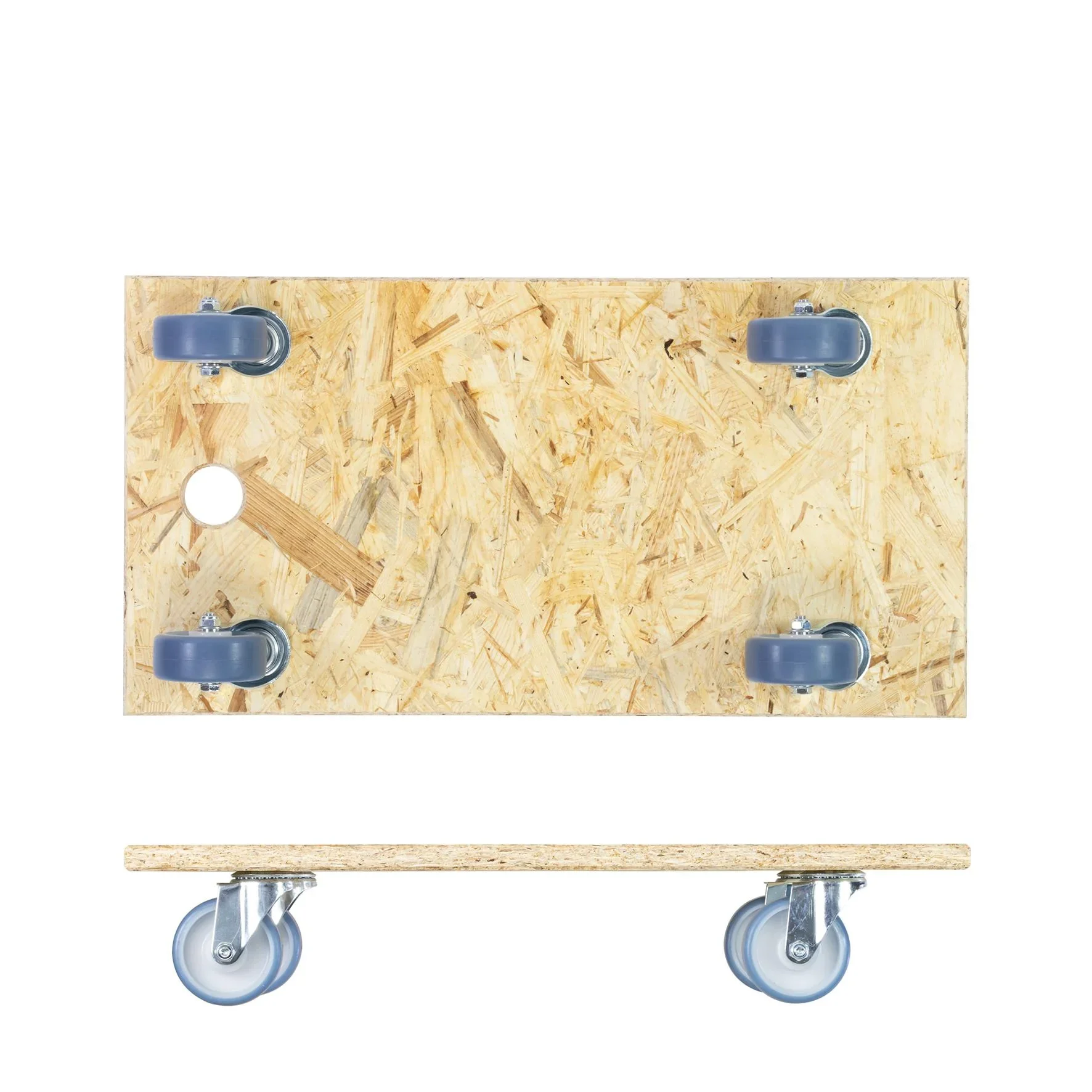Transporthilfe MM 1173 , 57,5 x 30 x 11 mm, softe Rollen Ø 75 mm, Rollenlager, OSB Platte, CO2-neutral, Tragkraft 250 kg - 1