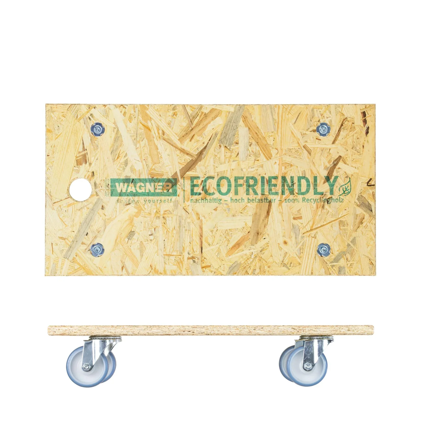 Transporthilfe MM 1173 , 57,5 x 30 x 11 mm, softe Rollen Ø 75 mm, Rollenlager, OSB Platte, CO2-neutral, Tragkraft 250 kg - 5