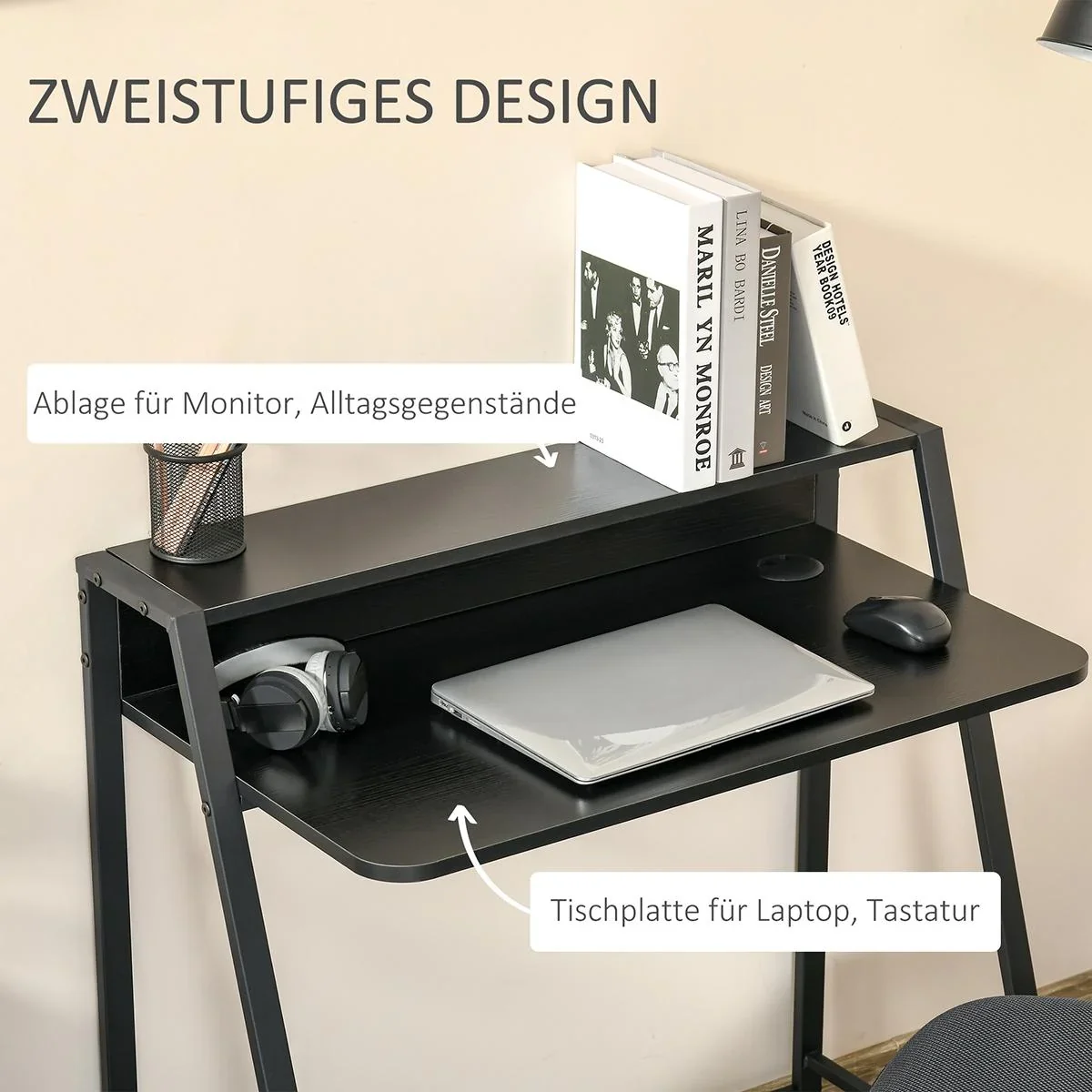 Schreibtisch Computertisch Bürotisch Arbeitstisch mit Ablagefach Kabeldurchlass Metall Schwarz 84 x 45 x 85 cm - 0