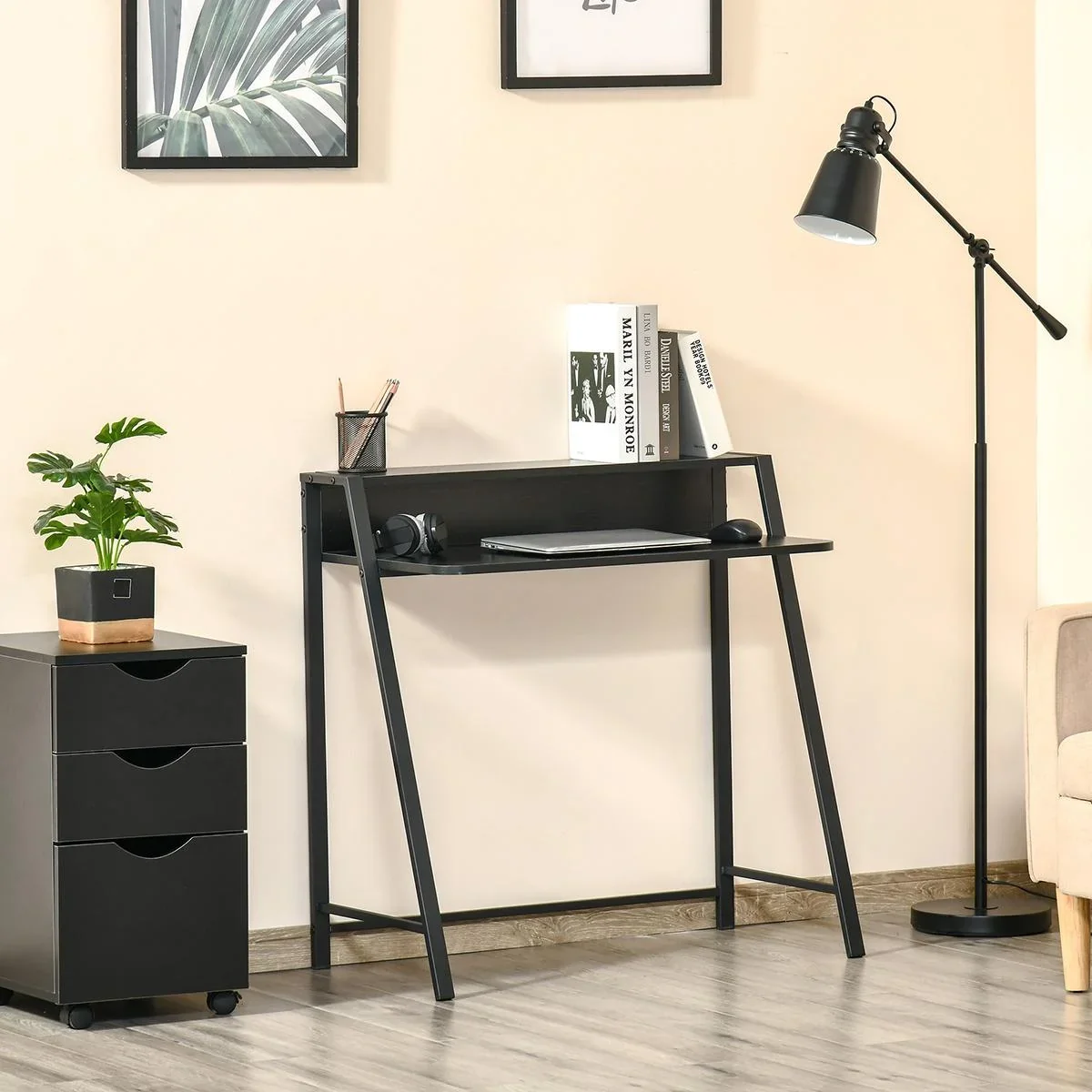 Schreibtisch Computertisch Bürotisch Arbeitstisch mit Ablagefach Kabeldurchlass Metall Schwarz 84 x 45 x 85 cm - 3