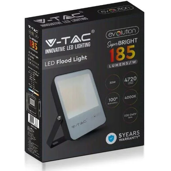 VT-30185 LED-Flutlicht - 30 W - 4720 Lm - 4000K - schwarz - Extra effizient - 5