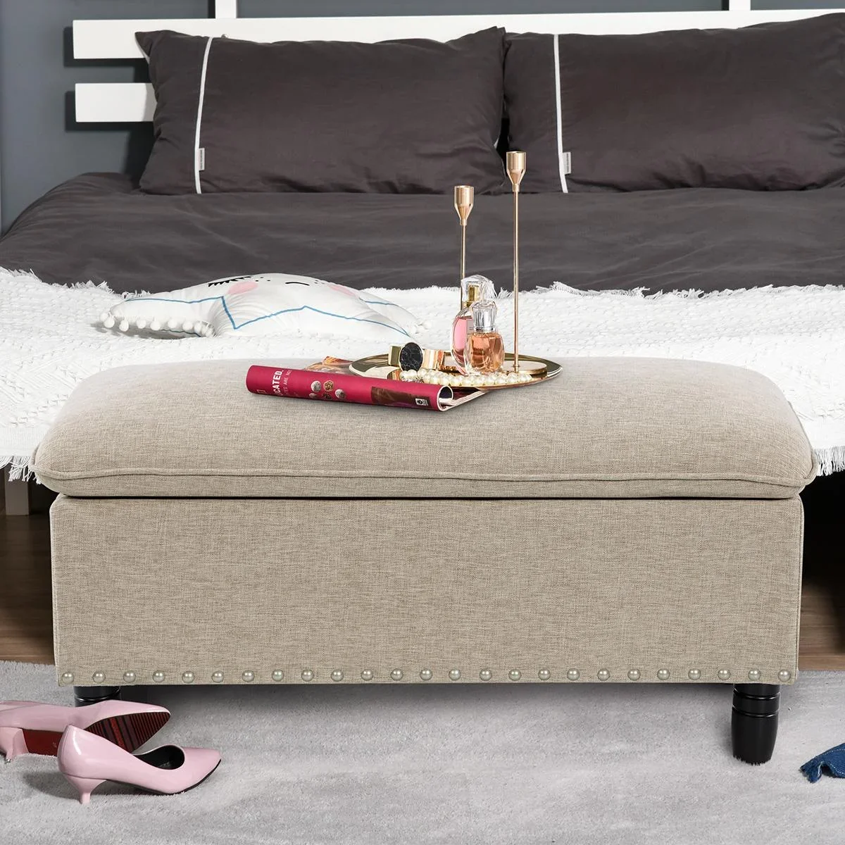 Sitzbank Polsterbank mit Stauraum Truhenbank Polyester Eukalyptusholz Beige 99 x 48 x 48 cm - 0