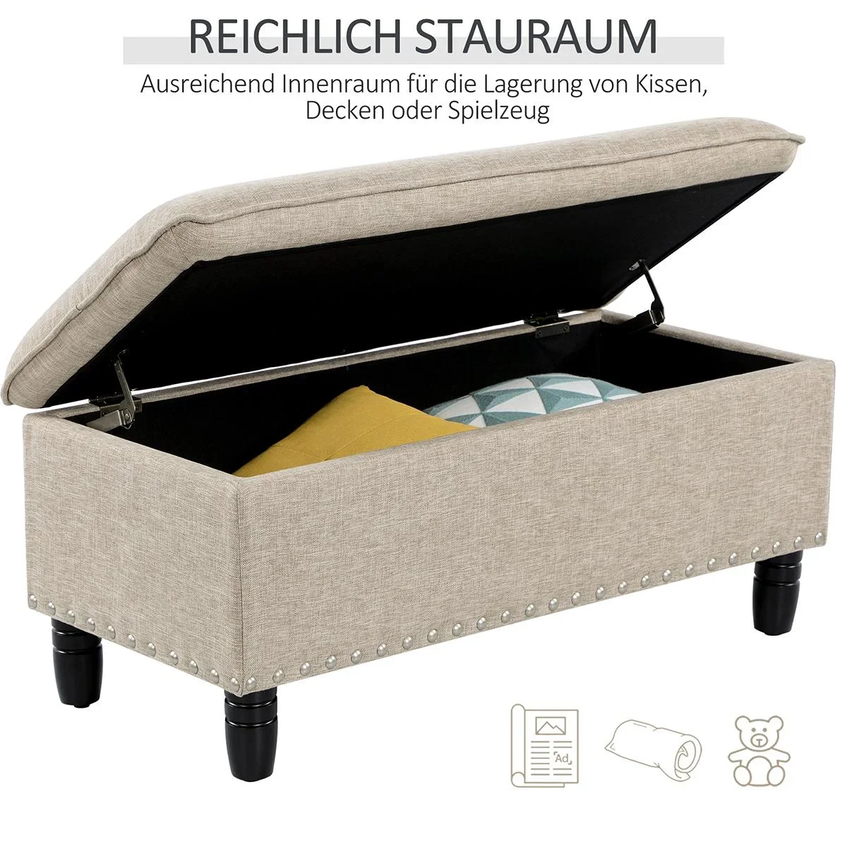 Sitzbank Polsterbank mit Stauraum Truhenbank Polyester Eukalyptusholz Beige 99 x 48 x 48 cm - 2