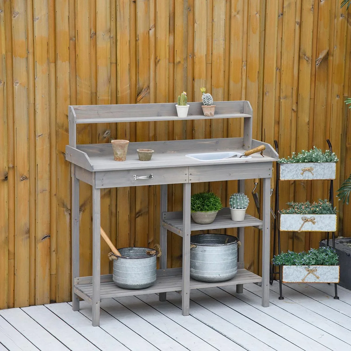 Pflanztisch mit Wanne Kiefer Grau 117 x 45 x 121 cm - 3