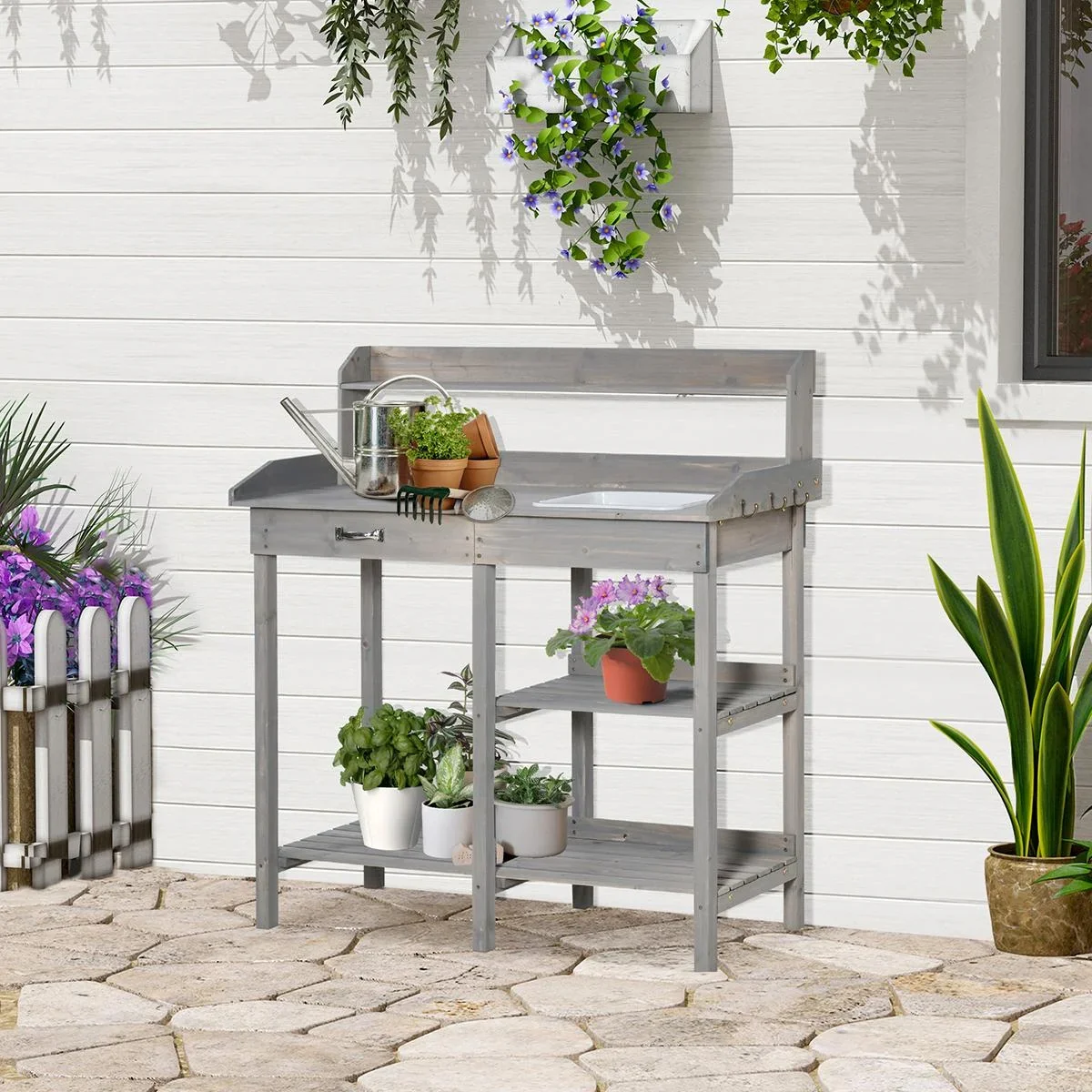 Pflanztisch mit Wanne Kiefer Grau 117 x 45 x 121 cm - 4