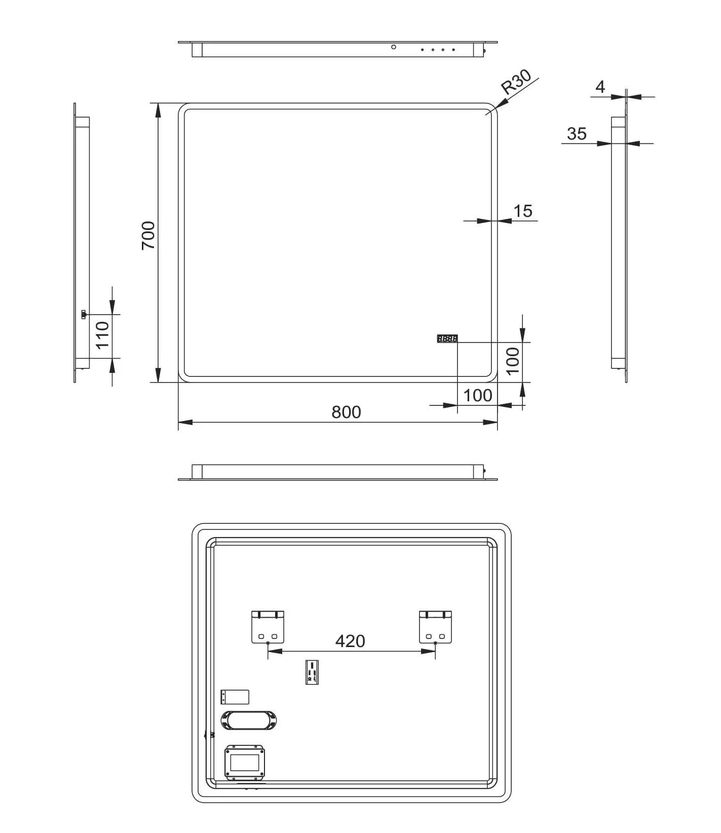 Badezimmerspiegel mit Beleuchtung, "Sun" - 80 x 70 cm - Lichtumrahmung - Lichtfarbe neutralweiß - Digitaluhr - 1