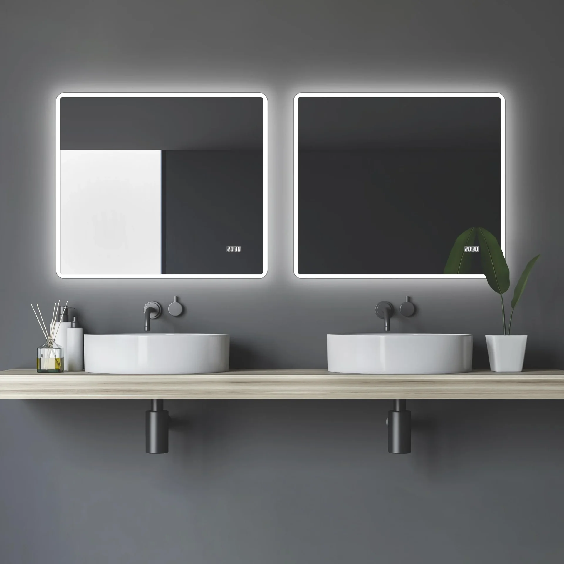 Badezimmerspiegel mit Beleuchtung, "Sun" - 80 x 70 cm - Lichtumrahmung - Lichtfarbe neutralweiß - Digitaluhr - 2